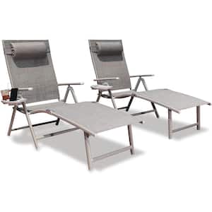 Adjustable Height Foldable Metal Outdoor Lounge Chair with Gray Cushion (2-Pack)