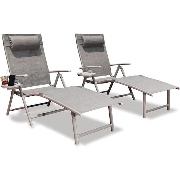 Tatayosi Adjustable Height Foldable Metal Outdoor Lounge Chair with Gray Cushion (2-Pack)
