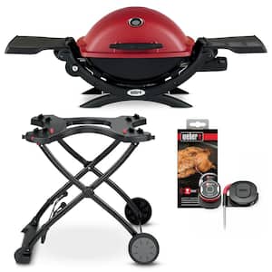 Q 1200 1-Burner Portable Propane Gas Grill in Red with Rolling Cart and iGrill Mini