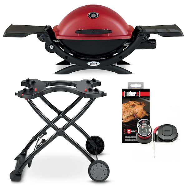 Weber Q 1200 1-Burner Portable Propane Gas Grill in Red with Rolling Cart and iGrill Mini