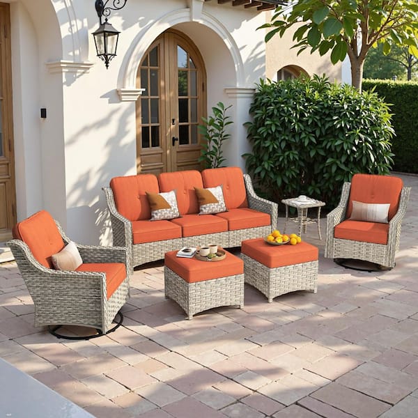 Palffy Gray 6-Piece Wicker Outdoor Patio Conversation Set with Bold-stripe Orange Red Cushions and Swivel Rocking Chairs