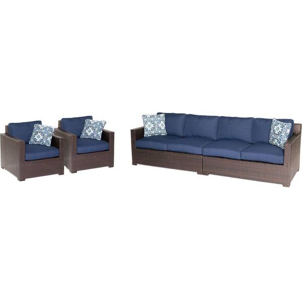 Hanover Metropolitan Brown 4-Piece Aluminum All-Weather Wicker Patio Seating Set with Navy Blue Cushions