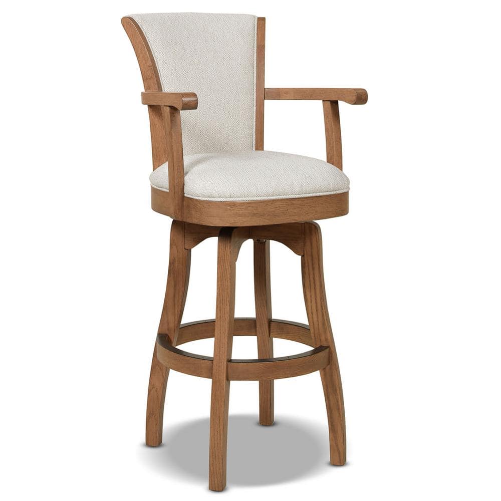 Williams 31'' White Leather Swivel Bar Stool with Oak Armrests