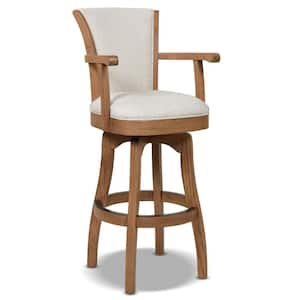 Williams 31 in. White Pepper Modern Rustic High Back Swivel Bar Stool with Armrests and Wood Frame