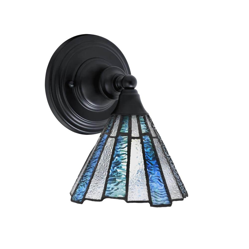 Fulton 1-Light Matte Black Wall Sconce, 7 in. Sea Ice Art Glass