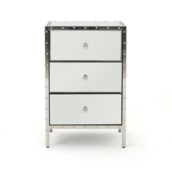 Noble House Dorrin Mirrored 3-Drawer Side Table with Silver Stainless Steel Frame