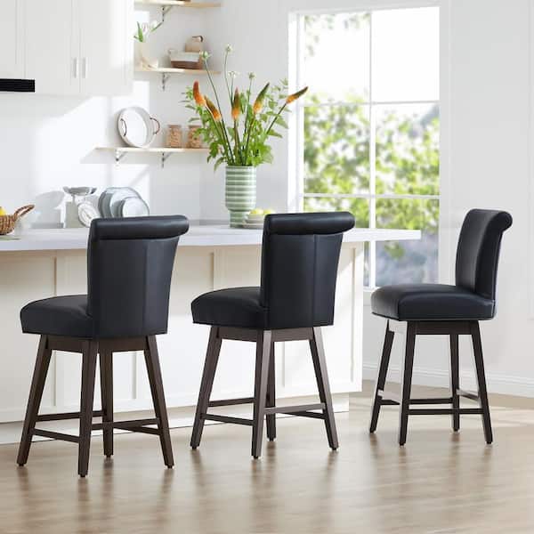 Dennis 26 in. Black High Back Solid Wood Frame Swivel Counter Height Bar Stool with Faux Leather Seat(Set of 2)