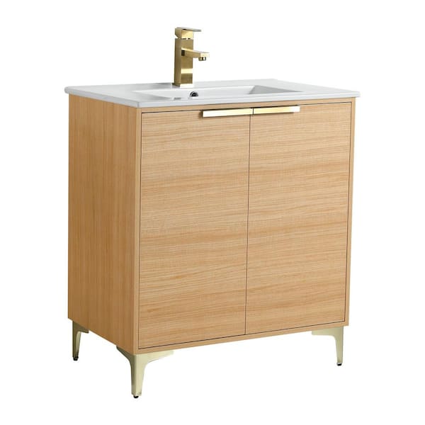 FINE FIXTURES 30 in. W x 18.5 in. D x 35.25 in. H Bath Vanity in Natural Oak with Satin Brass Hardware and White Ceramic Sink top
