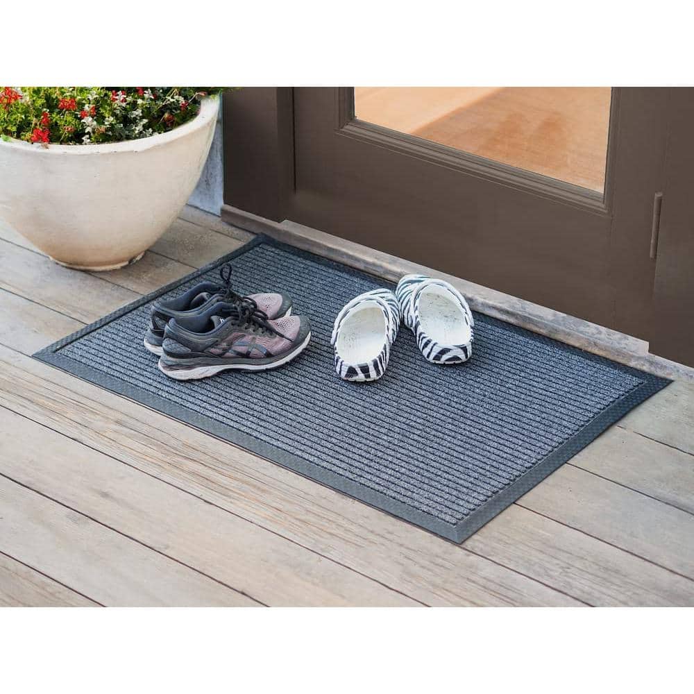 Black Striped Polypropylene Indoor Outdoor Doormat 24 x 36 Inches