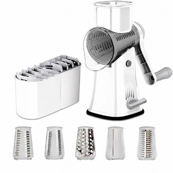 White 5-in-1 Rotary Cheese Grater Shredder with Handle and Strong Suction Base, Stainless Steel Blades