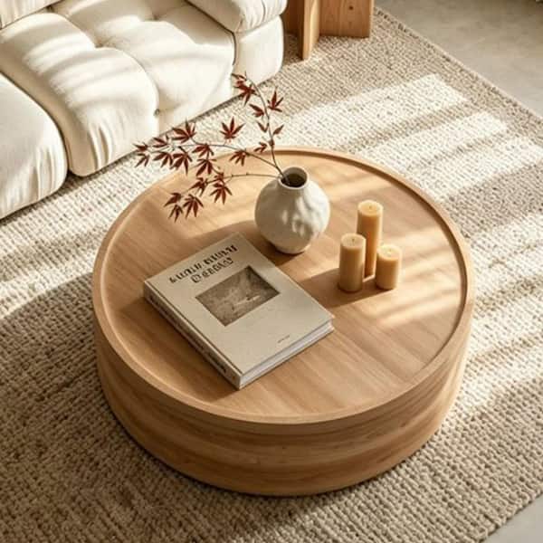 Altaf 39.37 in. Natural Round Wood Coffee Table, Modern Drum Circle Coffee Table