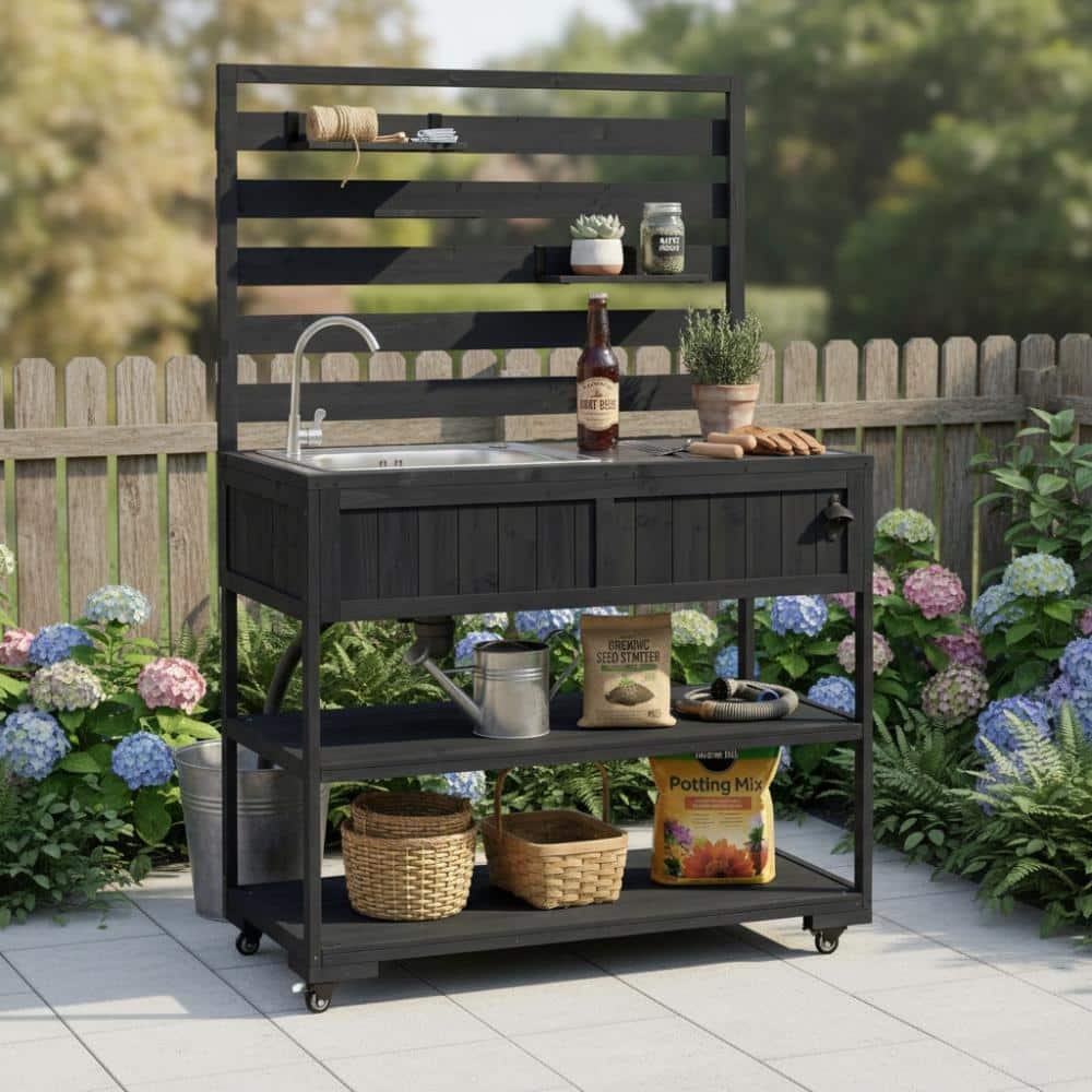 41.7 in. W x 16.6 in. D Black Outdoor Natural Wood Potting Bench with Sink and Stainless Table Top price history on PriceWatchPro