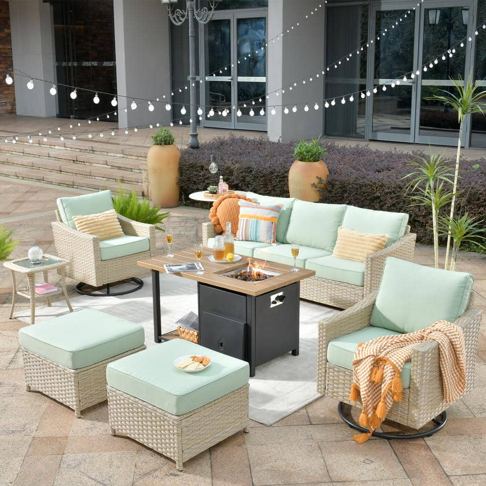 Oconee 7-Piece Wicker Patio Conversation Sofa Set with Swivel Rocking Chairs, a Fire Pit and Light Green Cushions -  HOOOWOOO, SFP-YZDAR907