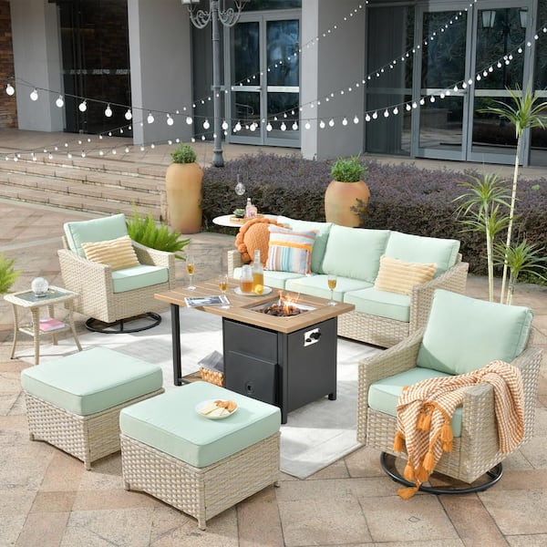 HOOOWOOO Oconee 7-Piece Wicker Patio Conversation Sofa Set with Swivel Rocking Chairs, a Fire Pit and Light Green Cushions