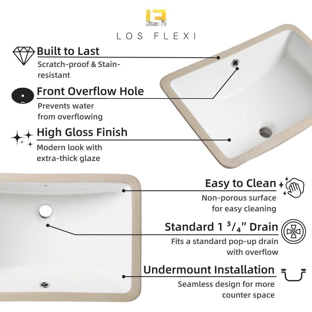 21" White Glossy Ceramic Rectangular Undermount Bathroom Sink