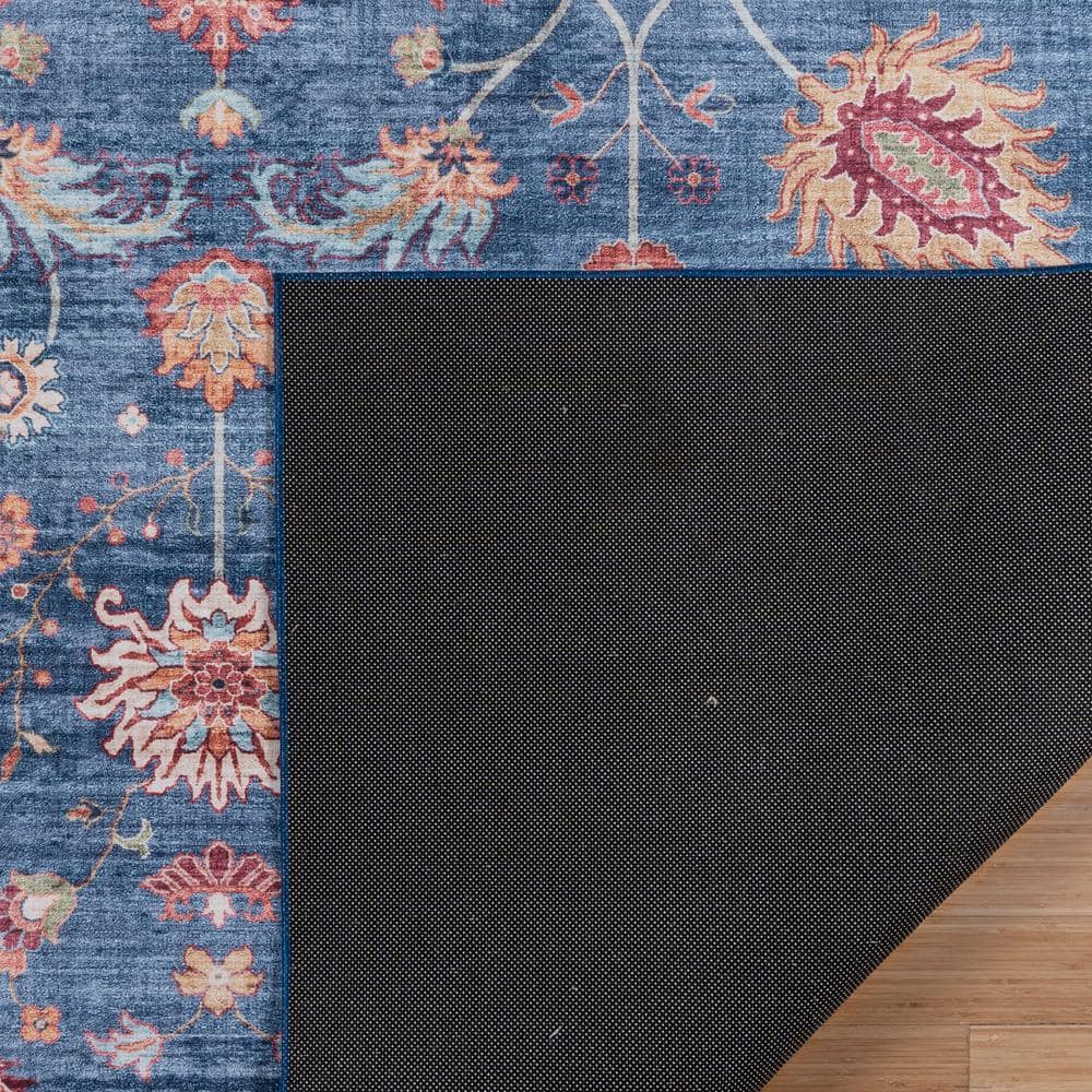 Cullen Blue and Tan Floral Border Washable Area Rug