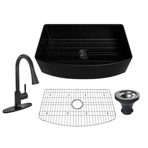 Matte Black Fireclay 33 in. Curved Design Single Bowl Farmhouse Apron Kitchen Sink with Pull Down Faucet