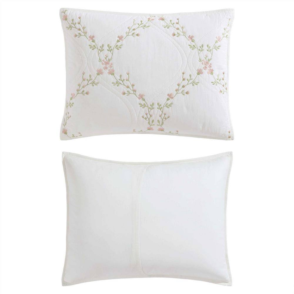 Pink Floral Embroidered Cotton Twin Quilt Set