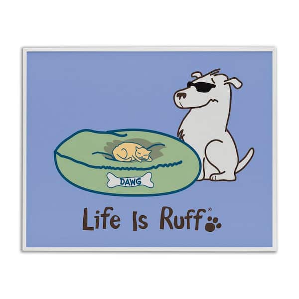 Stupell Industries Cat on Dog Bed by LIR White Framed Animal Giclee Art Print 16 in. x 20 in.