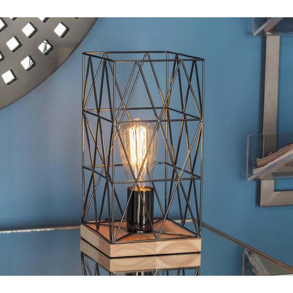 Litton Lane 12 in. Silver-Finished Iron Cuboid Crosshatched Lamp with a Wooden Base