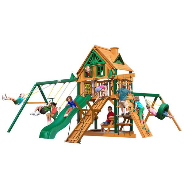 Gorilla Playsets Frontier Treehouse Wooden Swing Set with Timber ShieldPosts, Tire Swing, and Climbing Ramp