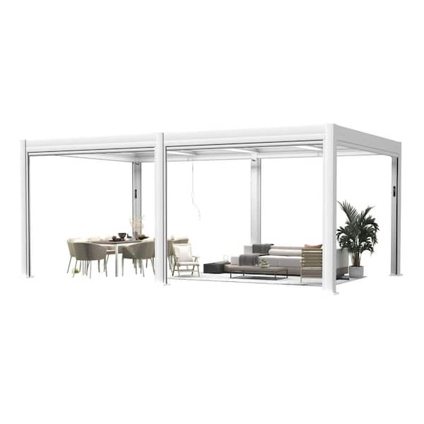 HOMMOW 12 ft. x 20 ft. Outdoor Pergola with Auto Roof and Curtains, Patio Pergola with Light String and Remote Controller White