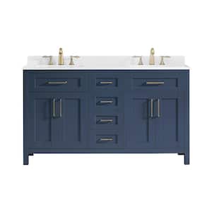 Tahoe 60 in. W x 21 in. D x 34 in. H Double Sink Bath Vanity in Midnight Blue with White Engineered Stone Top and Outlet