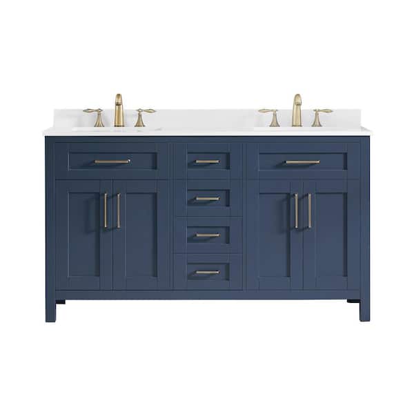 Tahoe 60 in. Double Sink Midnight Blue Bath Vanity with White Engineered Stone Top and Integrated Outlet (Assembled)