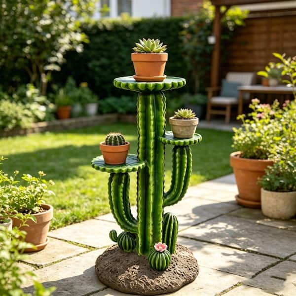 3-Tier Green Resin Saguaro Cactus Plant Stand with 3 Display Shelves,Weatherproof Garden Decor(16.3 in. W x 32.6 in. H)