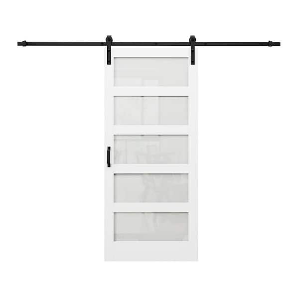 ARK DESIGN 36 in. x 96 in. 5-Lites with Frosted Glass White MDF Sliding Barn Door with Hardware Kit (Soft Close Include)