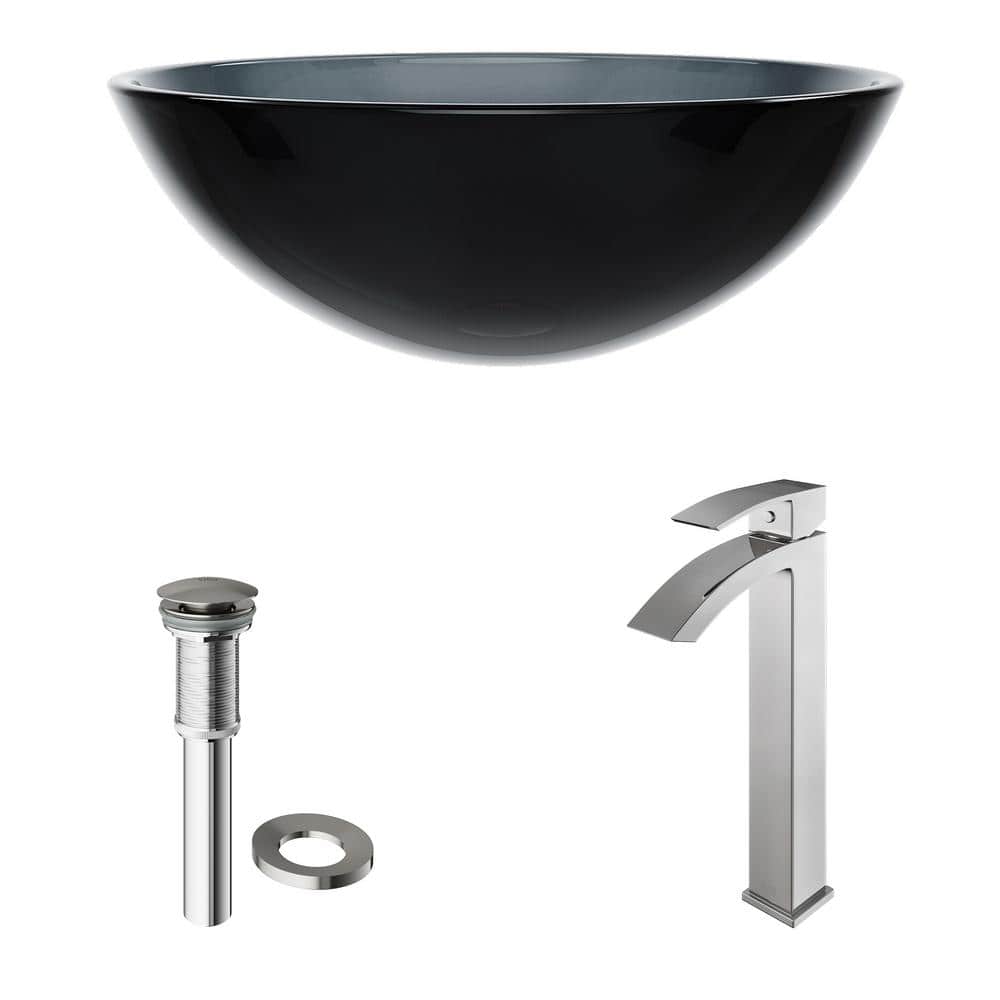 Sheer Black Glass Above-Counter Round Vessel Sink with Chrome Faucet