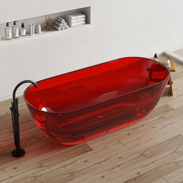 69 in. x 29.5 in. Stone Resin Solid Surface Flatbottom Freestanding Soaking Bathtub in Transparent Red