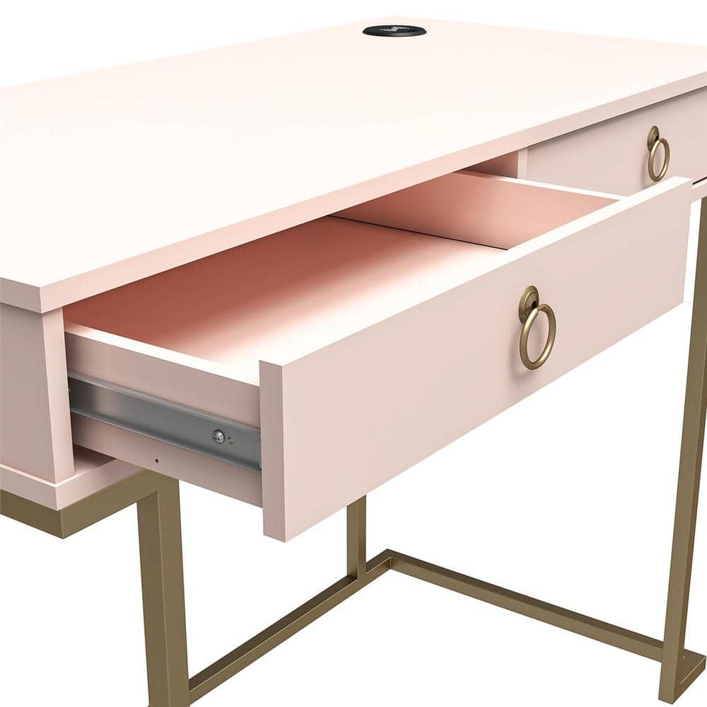 Pink Wood Writing Desk with Gold Metal Legs and Drawer