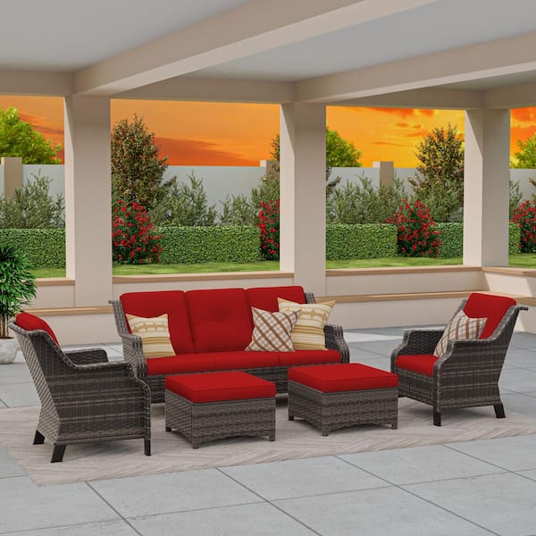 MeetLeisure 5-Piece Wicker Outdoor Patio Sofa Conversation Set Sectional Seating with Red Cushions and Ottomans