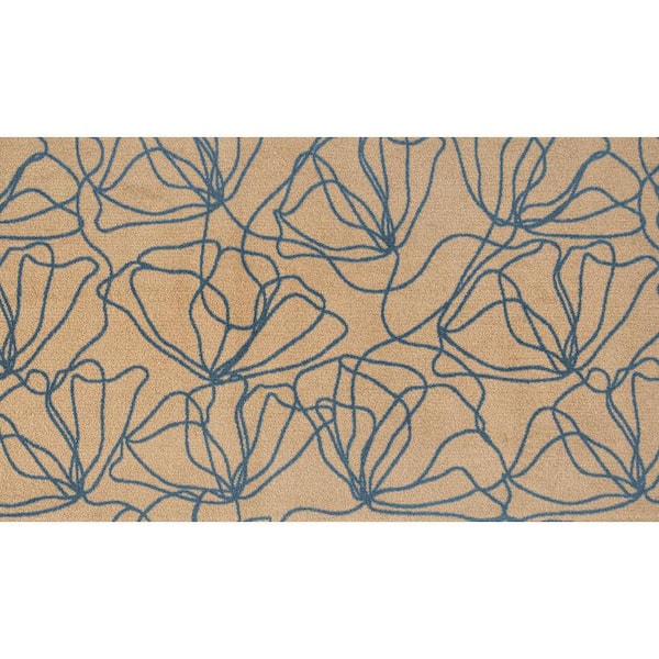 2' X 4' Beige And Blue Floral Washable Area Rug With UV Protection