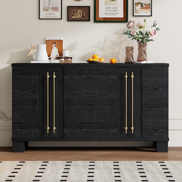 Harper & Bright Designs Black Manchurian Ash Veneer and MDF 60 in. Sideboard Buffet with Adjustable Shelves and 4-Doors