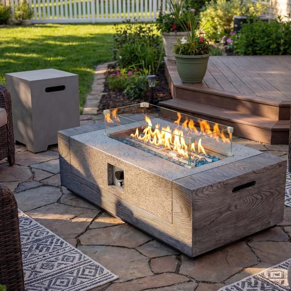 50-Inch Rectangular Concrete Propane Fire Pit Table with Tank Cover and Wind Guard,Cedar Gray