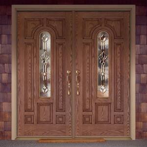 74 in. x 81.625 in. Medina Brass Center Arch Lite Stained Medium Oak Right-Hand Fiberglass Double Prehung Front Door