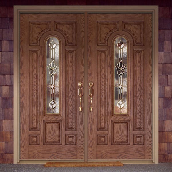 74 in. x 81.625 in. Medina Brass Center Arch Lite Stained Medium Oak Right-Hand Fiberglass Double Prehung Front Door