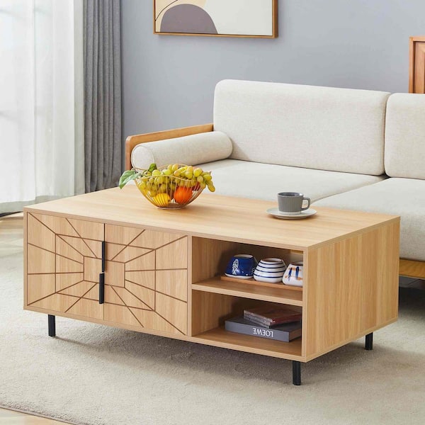 Polibi 43.33 in. Natural Wood Rectangle MDF Coffee Table