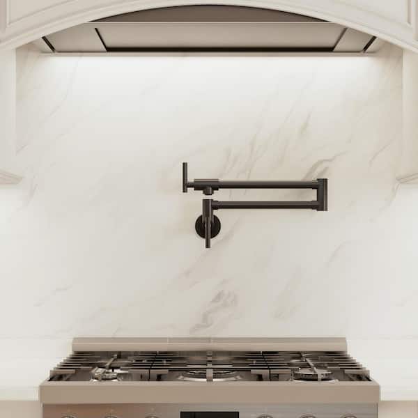 YAWWALK Wall‑Mounted Pot Filler Faucet with Dual Handles, 360° Swivel Foldable Spout, 2.5 GPM in Matte Black