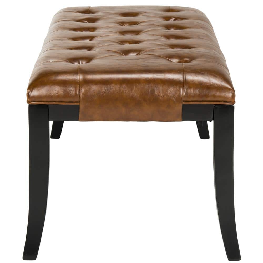 Saddle Leather and Black Beech Wood Tufted Bench