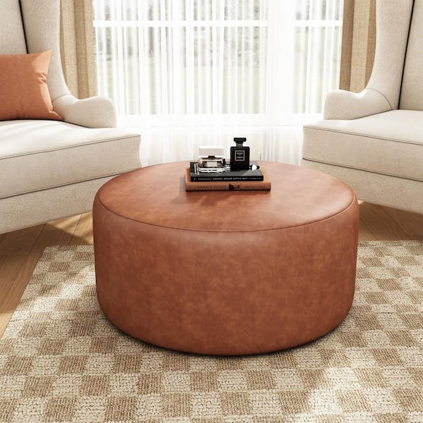 Cognac Brown PU Faux Leather Modern Round Accent 30 in. Ottoman