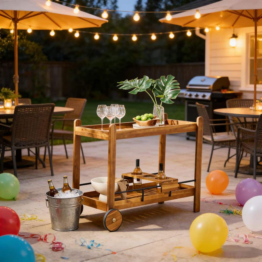 Brown Outdoor Wood Bar Cart, 2-Wheel Mobile Serving Cart with Wine Bottle Holders