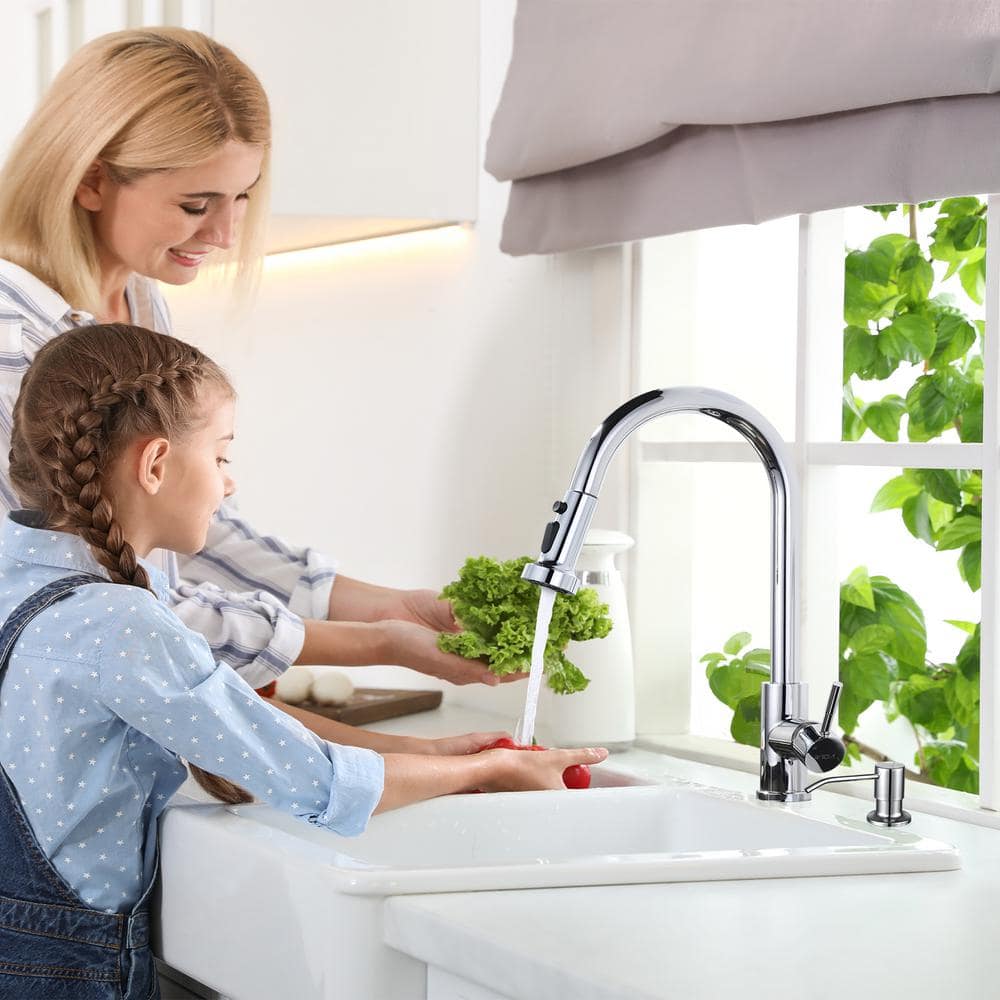 Polished Chrome Stainless Steel Pull-Down Kitchen Faucet with Soap Dispenser