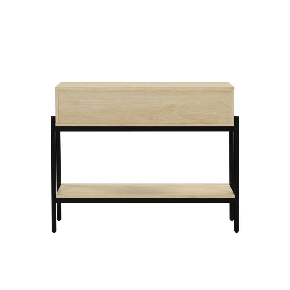 Light Oak and Black Rattan Console Table with Storage