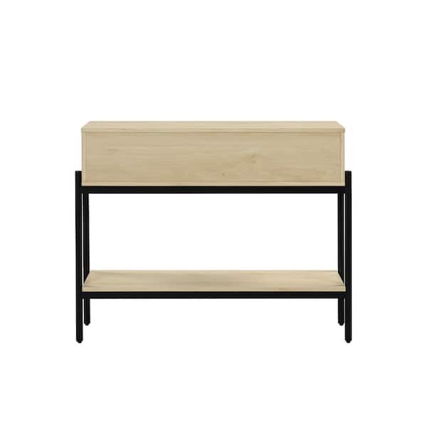 Nathan James Aaron Modern Desk with Storage, Natural Rattan Table with Square Webbing and Gold Accent Knobs, Natural Brown