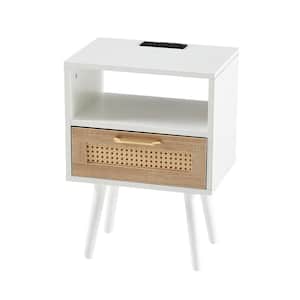 Anky 15.75 in. White Rectangle MDF Rattan End Table 1-Drawer Nightstand Side Table with Power Outlet and USB Ports