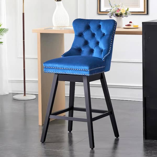 Hochwertiges 29 in. Blue Velvet Upholstered Solid Wood Frame Bar Height Swivel Bar Stool with Back (Set of 1)