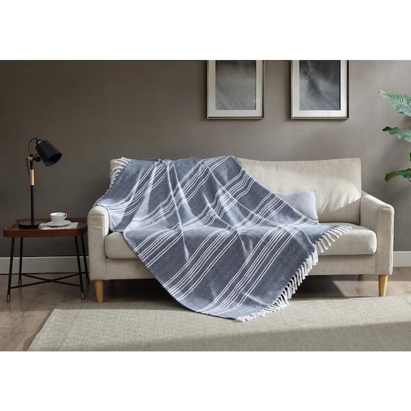 50 In X 60 In Cotton Blend In Blue And White Striped Throw Blanket The Home Depot